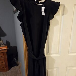 LOFT Black Midi Dress with Ruffle Sleeves